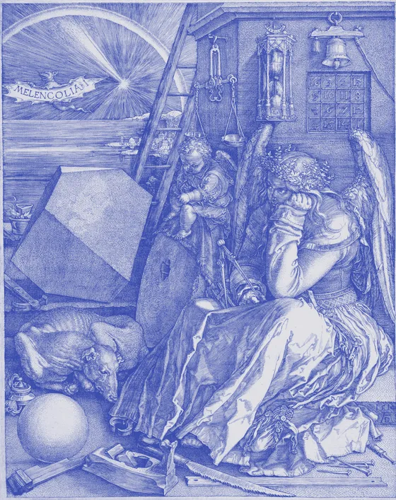 Dürer's Melencolia I engraving, blue duotone